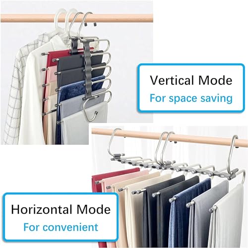 Image of (2-Pack) Multipurpose 5 in 1 Hangers for Pant, Stainless Steel Fordable Hangers for All Types of Clothes, Multilayer Pant Hanger for Wardrobe, Multipurpose Hanger Organizer for Home (Black)