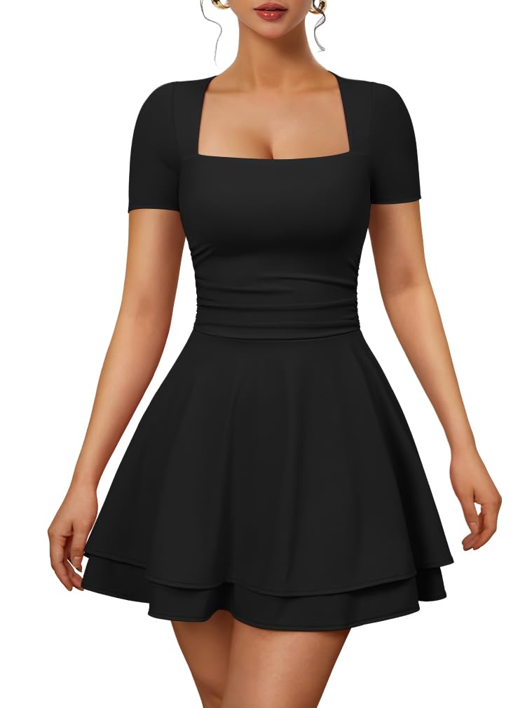 XXTAXN Womens Sexy Square Neck Short Sleeve Flowy Club Mini Dress