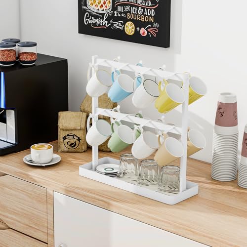 YUMORE Coffee Mug Holder Stand,16 Cup Hooks Countertop Mug Tree Holder Rack with Storage Base 2 Tier Counter Cups Mugs Display Storage Organizer for Kitchen Tea Coffee Bar White - Image 2