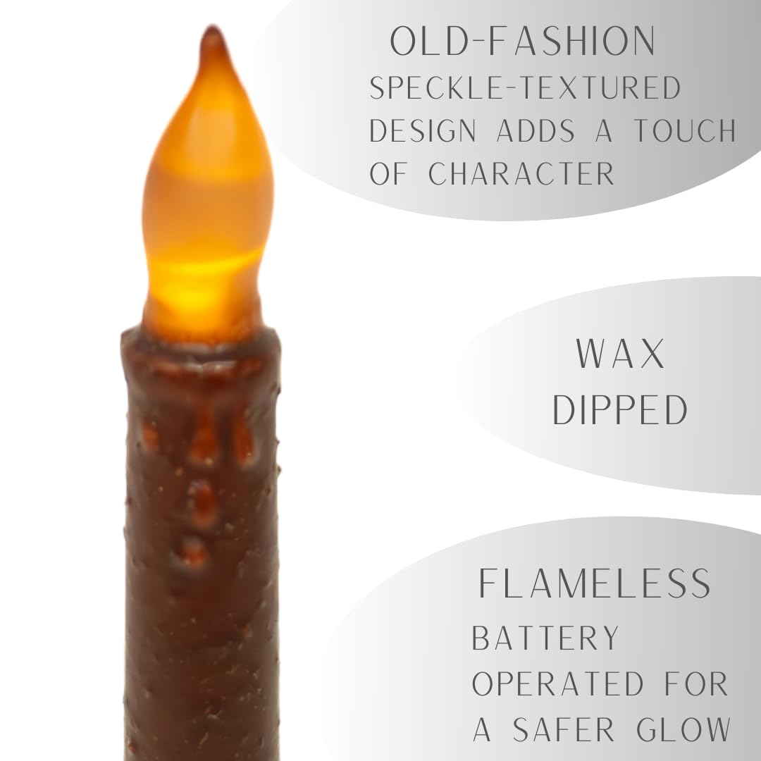 Factory Direct Craft Pack of 2 Primitive Cinnamon Battery Taper Candles - Wax Dipped Flameless Candles for Rustic, Country and Farmhouse Decor (6-1/4