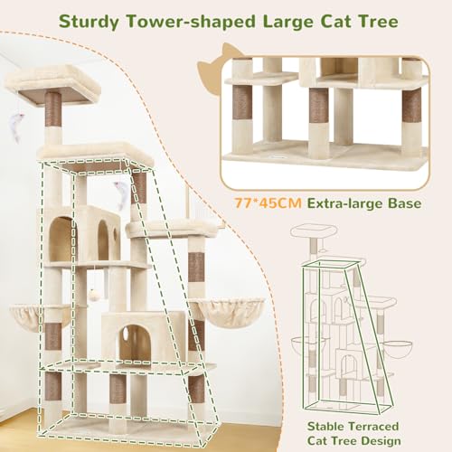 Globlazer Árbol Rascador para Gatos Grande Beige 189 cm Alto con 2 Nidos Grandes 45*30CM, 3 Plataforma Acolchada, 2 Cesta, Juguetes de Peluche, Estable Rascador para 3-5 Gatos Interior (F74F, Beige) - imagen 6