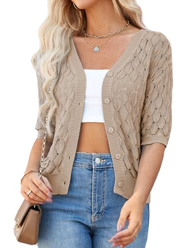 Damen Kurzarm Strickjacke Home Casual Leichte Cardigan Strickjacke Khaki M