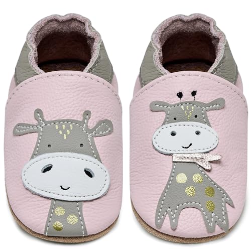 Krabbelschuhe Baby Jungen Mädchen Lauflernschuhe Baby Weicher Leder Babyhausschuhe Kleinkind Babyschuhe(Giraffe Rosa, 12-18 Monate)