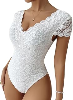 Haibang Body de Encaje para Mujer Cuello v Bodysuit Top Manga Corta Floral Encaje Body Espalda Descubierta Bodycon Bodies ...