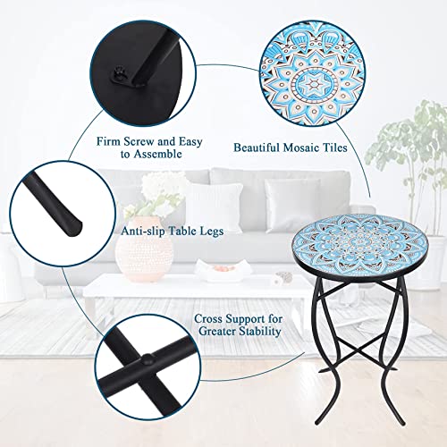 Vipush Mosaic Outdoor Side Table, 14" Round Folding End Table, Patio Accent Table Indoor Plant Stand For Living Room,Geramic Table Top Black Iron,Light Blue #TOP3