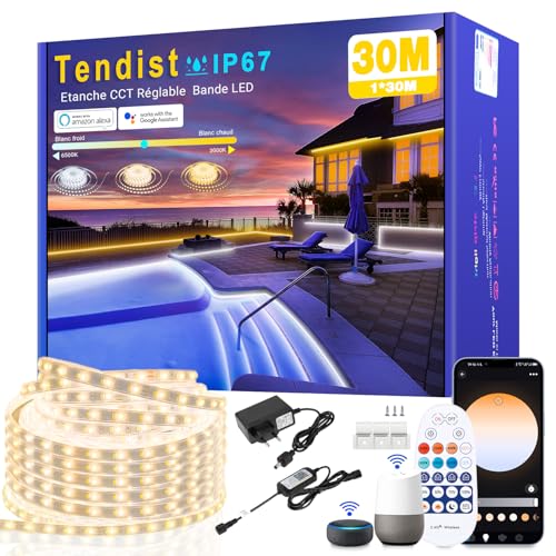 TENDIST Ruban LED Exterieur Blanc Chaud à Blanc Froid Variable, Bande LED Exterieur Compatible Alexa App & Eelecommande 24V, Etanche Bandeau LED Adhésif pour Eclairage chantier, Pergola (IP67, 30M)