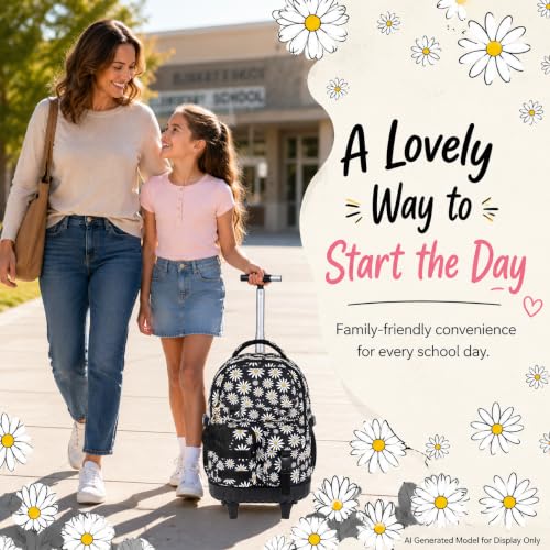 Image of CCJPX Rolling Backpack for Girls, 3Pcs Roller Wheeled School Bookbag, Daisy Wheels Backpacks with Lunch Box for Kids (Black)