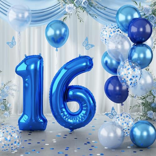 Image of 16 Balloon Number Blue, Big Number 16 Balloon Pastel Navy Dark Blue with Metallic Silver Confetti Balloon for Boys 16th Birthday, Foil 40'' Self Inflating Balloon 16 for Anniversary Party Decorations