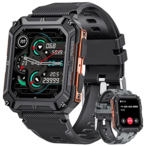 LIGE Military Smart Watches for Men,5ATM Waterproof Outdoors Sport Watch with Bluetooth Call Answer/Dial,Fitness Tracker with Heart Rate/Blood Pressure Monitor,Smart Watch for iOS Android Orange