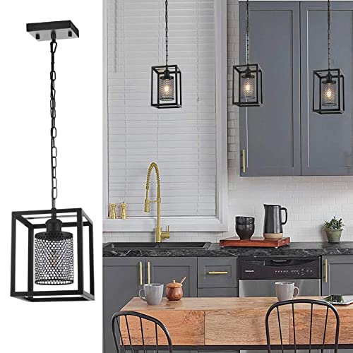 Modern Black Metal mesh Shade Pendant Light with Chain Black Industrial Metal Hanging Light Fixture Rustic Mini Cage Pendant Lighting for Kitchen Island Sink Dining Room Counter Bar Farmhouse