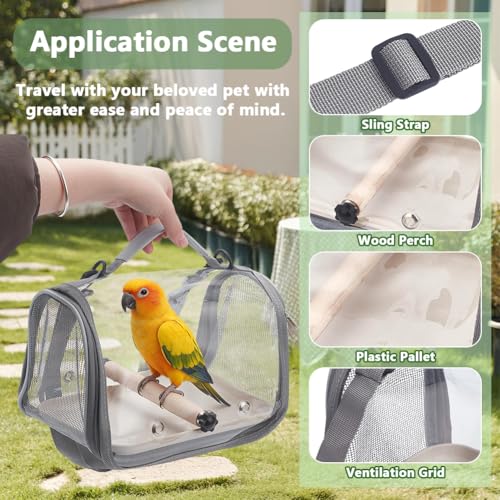 Bird Carrier Backpack Gray Travel Cage with Clear PVC Window and Breathable Mesh Portable Bird Carrier Bag for Small Birds Parrot Cockatiel Parakeet to Vet Visit and Outdoor Adventure - Image 4