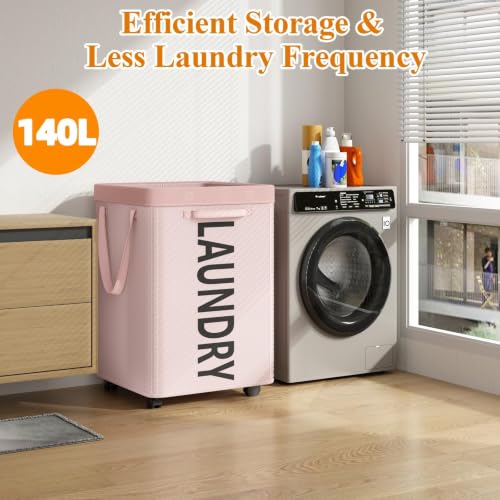 Image of Optish 140L Laundry Hamper with Wheels, Rolling Laundry Basket with Removable Mesh Bag, Extra Large Clothes Hamper on Wheel for Bedroom, Bathroom, Dorm Room Essentials, Pink