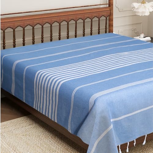Image of Handmade Double Bedsheet 210 TC | Without Pillow Cover | Handloom Cotton Bedsheets for Double Bed | Double Bedsheet for Summer (Size 90X100 Inches, 7.5 x 8.3 Feet (Rock Blue, King Size)