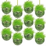 Bunny Chorus Christmas Decorations Indoor: 12pcs Cute Green Elf Christmas Tree Ornaments with Fuzzy Hair, Hanging Thief Monster Xmas Balls for Tree Fireplaces Garland, Kids Home School Office Decor