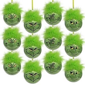Bunny Chorus Christmas Decorations Indoor: 12pcs Cute Green Elf Christmas Tree Ornaments with Fuzzy Hair, Hanging Thief Monster Xmas Balls for Tree Fireplaces Garland, Kids Home School Office Decor