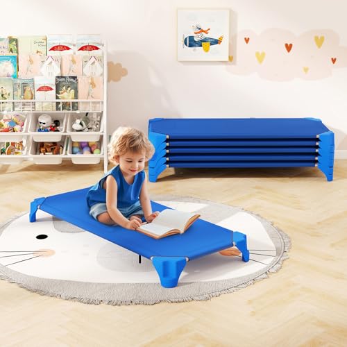 Giantex Stackable Daycare Cots for Sleeping, 53" L x 24" W Portable Nap Cots for Kids and Toddlers w/Easy Lift Corners, Space-Saving Toddler Bed for Preschool Classroom Pet Daycare, Pack of 6, Blue
