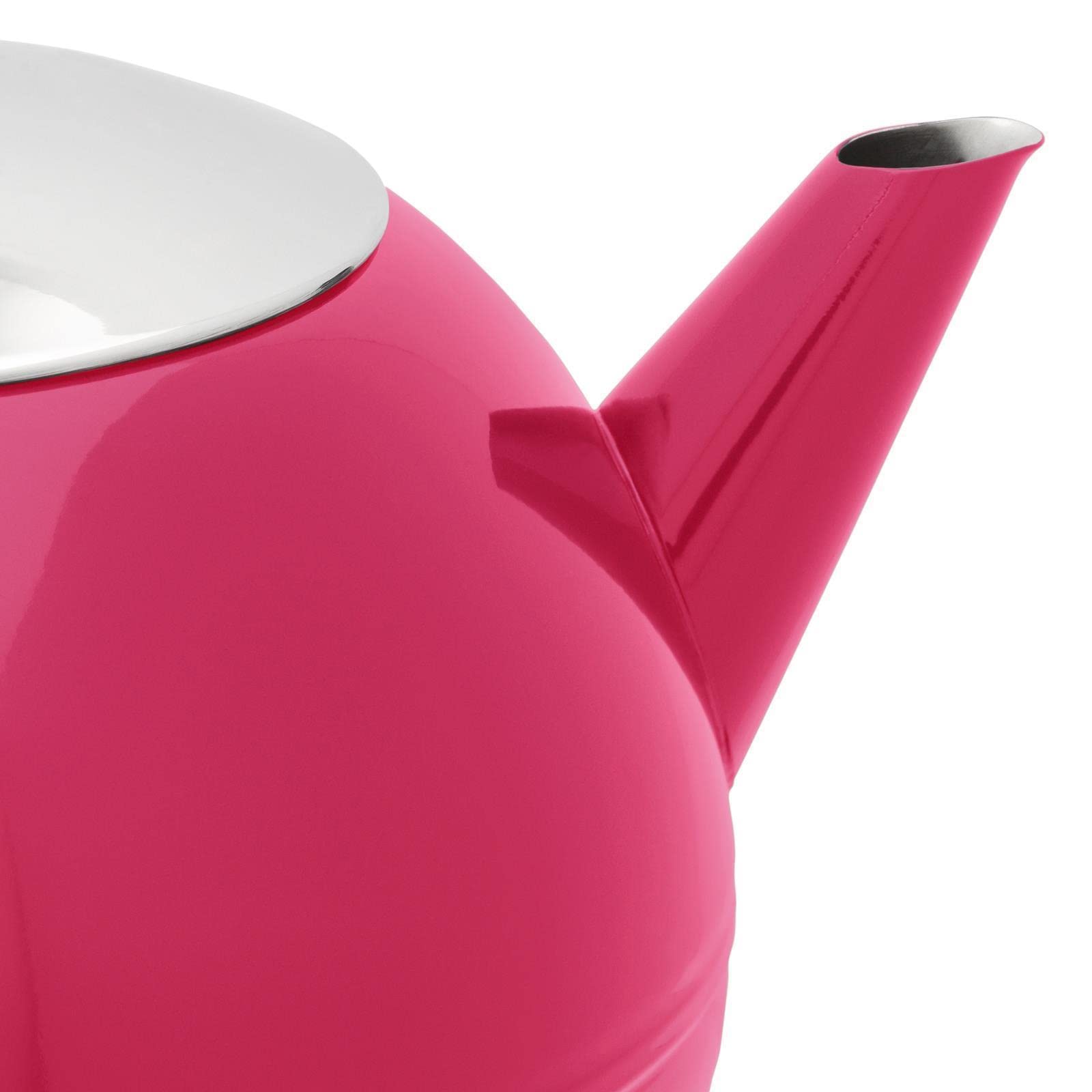 Bredemeijer Teekanne 1,2 Liter - Edelstahl doppelwandig Pink - große Edelstahlkanne mit Tee-Filter-Sieb-Aufsatz für losen Tee oder Teebeutel - Teebereiteer inkl. schwarzem Holz-Untersetzer