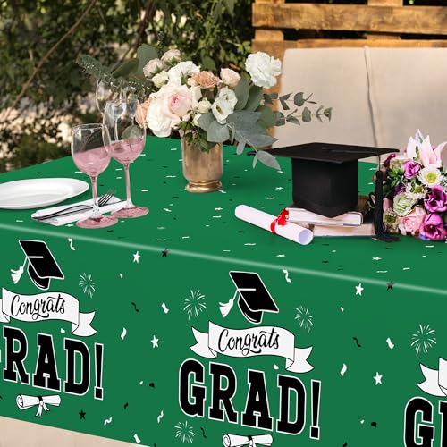 Image of 2Pcs Graduation Tablecloth, 108 inch X 54 inch Green Graduation Table Decorations 2026, Rectangle Tablecovers for Class 2026 Congrats Grad, Disposable Plastic Tablecover for Grad Decor Party Supplies for Kids