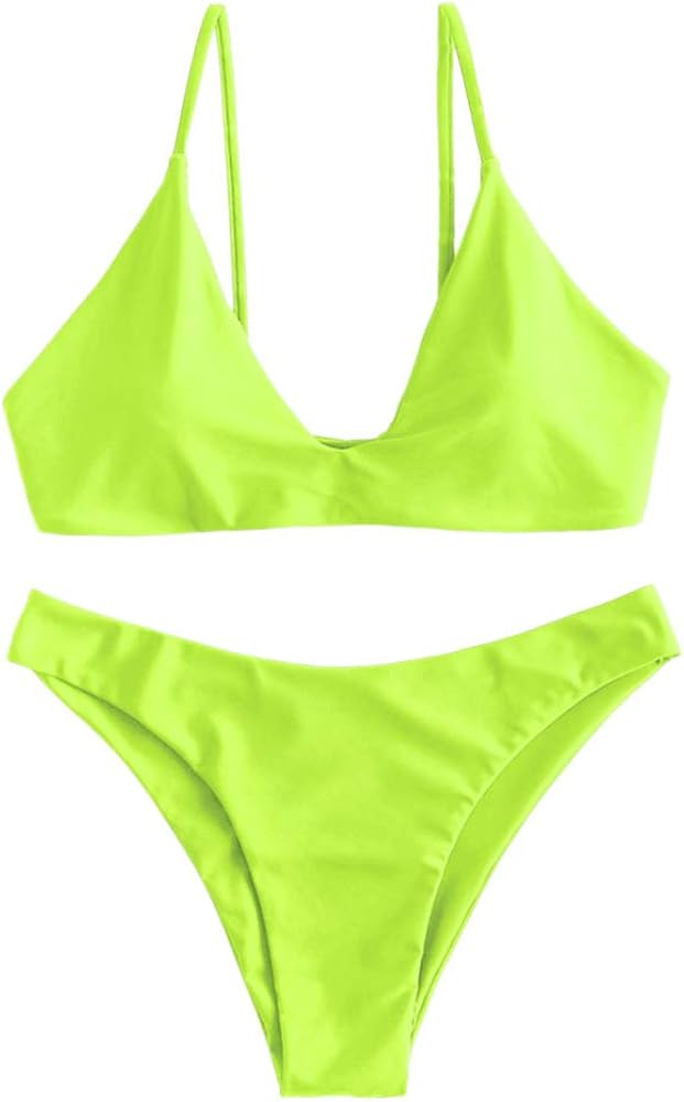 Zaful - costume da bagno da donna due pezzi con reggiseno imbottito in nylon e spandex Verde E Giallo