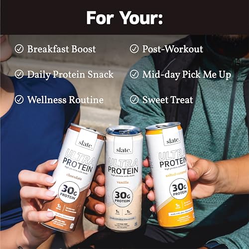 Image of Slate Milk Ultra High Protein Milk Shake (Sweet & Salty Pack) Chocolate, Vanilla & Salted Caramel - 30g Protein, 1g Sugar, 130 Calories, 1-2g Net Carbs, No Added Sugar, Lactose Free, 11 fl oz, 12 Cans