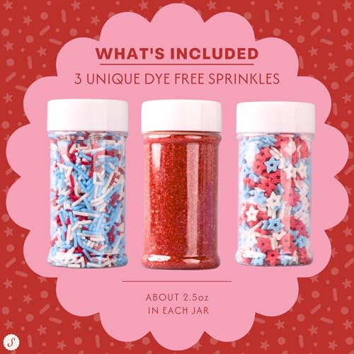 Image of Sweets Indeed Dye Free 4th of July Sprinkles 3-Pack Set - Patriotic Sanding Sugar, Jimmies Mix and Star Sprinkles with No Artificial Dyes for Baking & Decorating Cupcakes, Cookies, Cakes & Desserts - 7.48 ounces