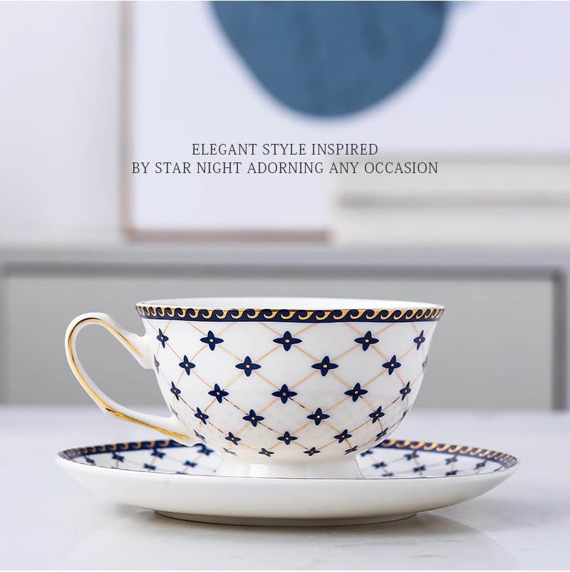 Porlien Royal Blue Star-night Porcelain 7-ounce Teacup and Saucer Set with 6-inch Coffee Spoon - Image 5