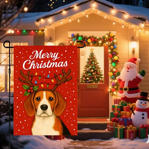 Image of BlissYard Christmas Garden Flag 12x18 Inch Welcome Beagle Dog Outdoor Flag Double Sided Holiday Puppy Yard Banner with Antlers and Holly for Porch Lawn Patio
