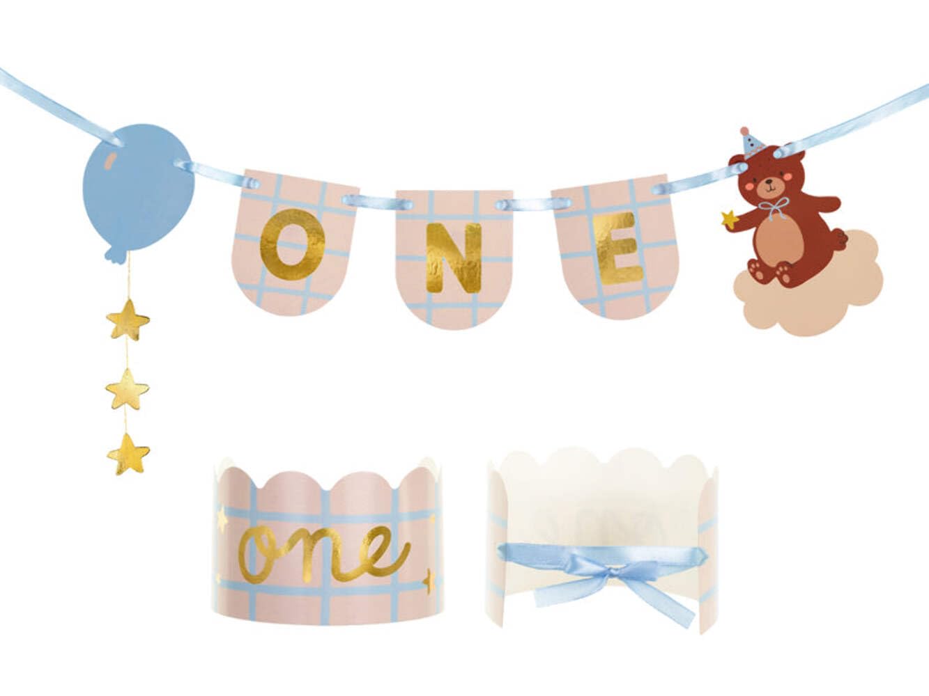 Teddy Bear 1st Birthday Celebration Banner with Crown - Brown and Blue Hanging Decoration