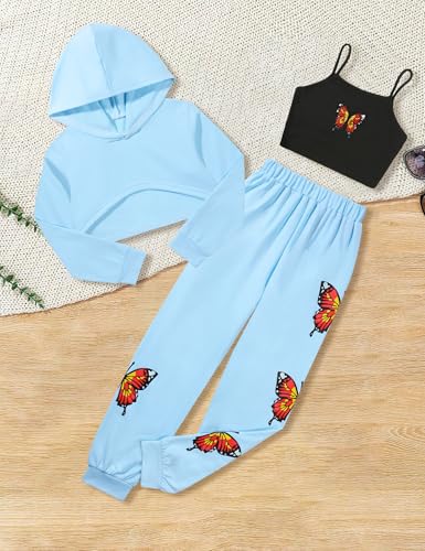 Image of Gaupafmb Girls Clothes 3PC Tie-dye with Butterfly Print Hoodie Sweatshirt Butterfly Print Cami Tops Sweatpants Girls