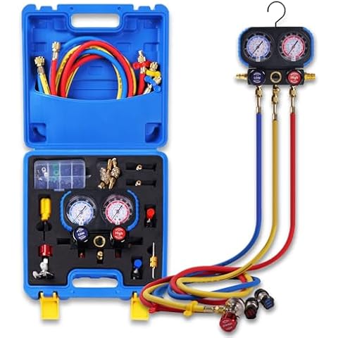 Rogvoc AC Gauges, AC Manifold Gauge Set for R22/R410a/R134a Refrigerant, 3 Way HVAC Refrigerant Gauges Set with R22 R410a Safety Valves, 5FT Hoses, R134a Adapters, Can Tap Cover