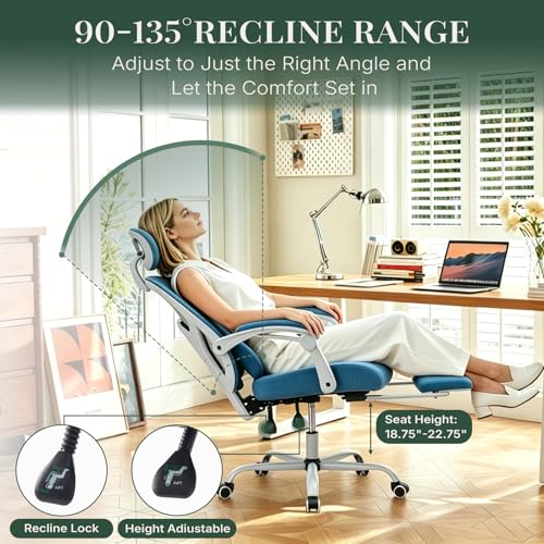 Image of Ergonomic Office Chair with Footrest, High Back Home Desk Computer Chair with Lumbar Support & Headrest, 90-135 Reclining Mesh Back with Wheels for Work, Gaming, Blue