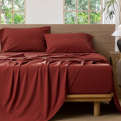 Image of MooMee Sheet Set 100% Washed Cotton Linen-Like Extra Deep Pocket Queen | Relaxed Linen-like Texture. Soft, Breathable & Lightweight Comfort. 15-19 inch Extra Deep Pocket with All-around Elastic