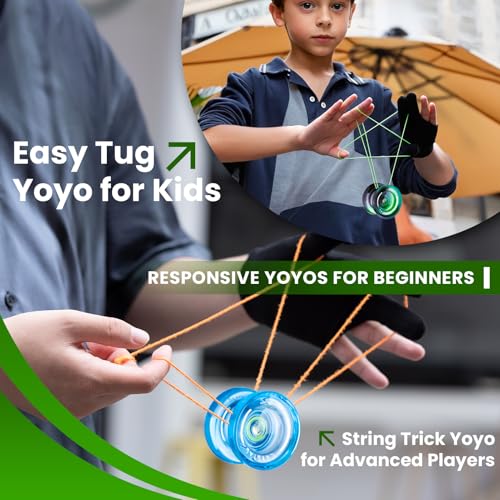 Image of MAGICYOYO K2 Responsive Yoyo for Kids Beginners (Crystal Blue+ Black Green) | Unresponsive Yoyos for Adults, Finger Spin Yoyo Professional with 2 Yo yo Gloves, 1 Blue Sack, 1 Red Sack, 12 Yo-yo Strings