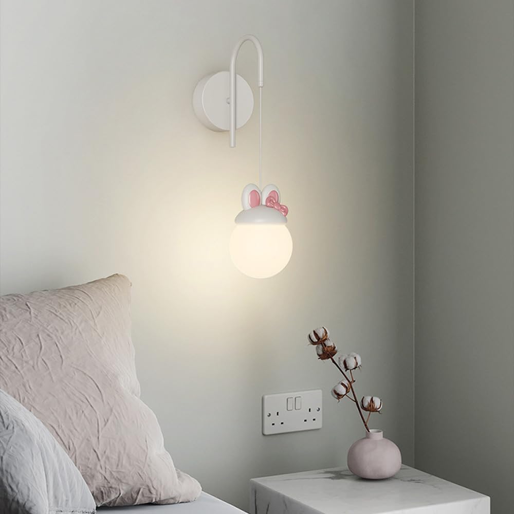 Nowoczesna i luksusowa lampa ścienna do pokoju dziewczęcego, styl średniowieczny, biały i różowy, wzór królika, wisząca kula mleczna, lampka nocna do zamocowania w korytarzu