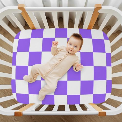 Image of Baby Crib Sheet Purple Checkerboard Crib Mattress for Boys and Girls Playard Sheet Soft Breathable Fitted Baby Mattress Cover 52x28in