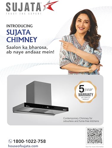 Image of Sujata Zircon Chimney for Kitchen 75cm |Suction Power 1750 m /hr| Kitchen Chimney for Home, Built-In Oil Collector, Auto Clean Feature, Warranty 15 Years BLDC Motor & 5 Years Whole Product (Grey-75cm)