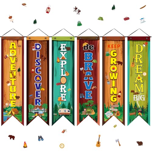 Image of Chiisong 6 Pieces Camper Party Decorations Adventure Discover Explore Porch Signs Camping Hanging Backdrops for Indoor Outdoor Home Bar Birthday Photo Props Door Wall Party Decor Supplies