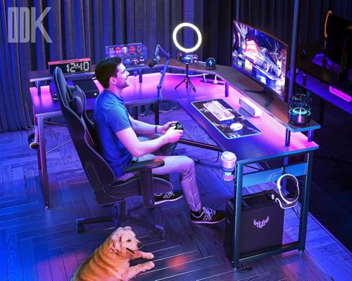 ODK 51 L-Shaped Gaming Desk with LED Lights, Power Outlets, Monitor Stand, Cup Holder, and Hooks - Black Carbon Fiber
