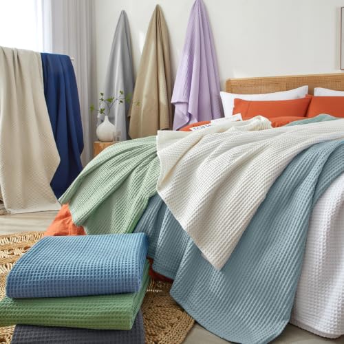 Image of PHF 100% Cotton Waffle Blanket Lightweight Breathable, Queen, Dusty Blue | Pre-washed Soft Cozy Summer Throw for Hot Sleepers, Textured Decorative Layer for Bed Couch Sofa Guest Room, Giftable