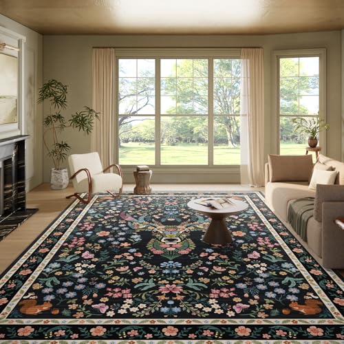 Image of Area Rug Vintage Floral Deer Pattern 9x12 - Bohemian Forest Animal Carpet with Squirrel & Butterfly, Soft Decorative Area Rug for Living Room Bedroom Home Decor