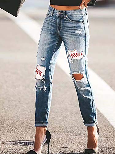 Akivide Women's Baseball Patch Stitching Printed Ripped Casual Jeans Skinny Denim Jeans with Hole Pants for Women4