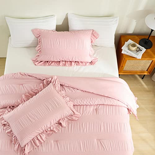 Aleissel Blush Pink Comforter Queen Size Seersucker Design With Ruffled Edges, Ultra-Soft Blush Pink Bedding Set Queen Size 3 Piece Set, Down Alternative Comforter Set(Blush Pink,90"X90") #TOP6