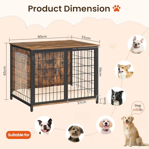 MAHANCRIS Hundekäfig Möbel, 80 cm Hundebox mit Kissen, 2 Tür, Doppeltür, Holzwerkstoff, für Kleine/Mittelgroße/Große Hunde, 80 x 55 x 65 cm, Hundekäfig für Zuhause, Vintagebraun ADCHR0701Z1