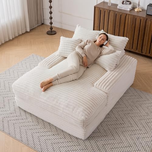 Yihomfy Canapé Lounge en Velours Côtelé, 137 x 175 cm, Méridienne et Canapé d'angle pour Salon, Canapé 2 Places, Canapé Ultra Confortable pour se détendre et S'allonger (Beige)