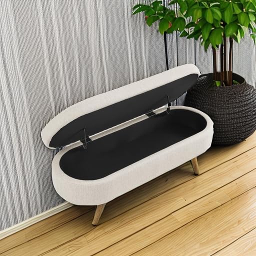 Oval Storage Bench 43.5" Linen Fabric Upholstered Entryway Bench with Solid Wood Legs Ottoman Bench Indoor Bench for Living Room/Bedroom/End of Bed/Entryway (Beige) image 5 of 8 B0C1GRCLQ7