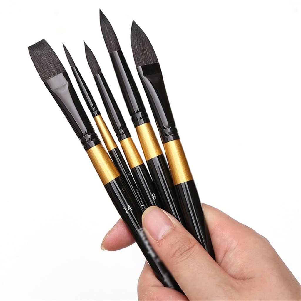 Juego de Pinceles de Acuarela con Pelo de Ardilla, Pinceles Profesionales para Acuarelas y Gouache, 5 Unidades