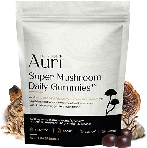 Auri Super Mushroom Daily Gummies - World's First Daily Mushroom Supplement Gummy - 12 Mushroom Blend with Chaga, Lions Mane, Reishi, Cordyceps - Boost Your Immunity, Focus, Energy, Mood - 60 Gummies