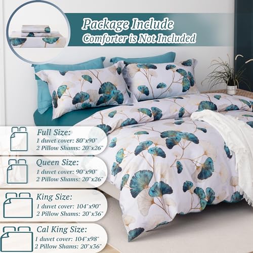 MILDLY 100% Long-Staple Cotton Duvet Cover Set Teal Green Gingko Leaf Pattern Printed Comforter Cover 3pcs, Ultra Soft & Breathable Bedding Set