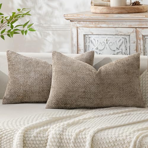 Image of MIULEE Pack of 2 Lumbar Couch Throw Pillow Covers 20x12 Inch Neutral Khaki Modern Boho Accent Decorative Pillow Covers Soft Chenille Farmhouse Cushion Covers for Home Decor Bed Sofa Living Room