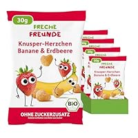 FRECHE FREUNDE Bio Knusper Herzchen aus gepufftem Mais, mit Bananen und Erdbeerpulver, fruchtig-süße Knabberei für Kinder, vegan, glutenfrei, 9er Pack (9 x 30g)